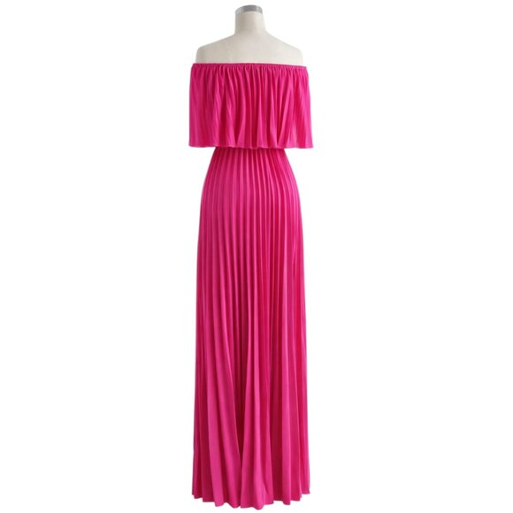 Hot Pink Women's Off Shoulder Pleated Maxi Dress - Fuchsia Flowy Boho Chic L - Picture 7 of 9